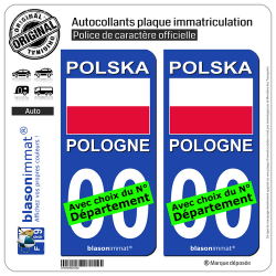 2 Autocollants plaque immatriculation Auto : Pologne - Drapeau