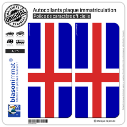 2 Autocollants plaque immatriculation Auto : Islande - Drapeau Plein