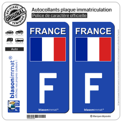 2 Autocollants plaque immatriculation Auto : F France - Drapeau (Côté droit)