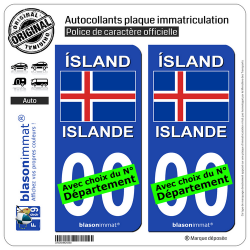 2 Autocollants plaque immatriculation Auto : Islande - Drapeau
