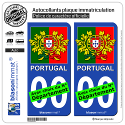 2 Autocollants plaque immatriculation Auto : Portugal - Armoiries Drapées