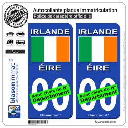 2 Autocollants plaque immatriculation Auto : Irlande - Drapeau