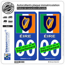 2 Autocollants plaque immatriculation Auto : Irlande - Armoiries Drapées