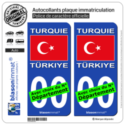 2 Autocollants plaque immatriculation Auto : Turquie - Drapeau