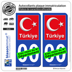 2 Autocollants plaque immatriculation Auto : Turquie - Armoiries Drapées