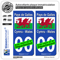 2 Autocollants plaque immatriculation Auto : Pays de Galles - Drapeau