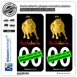 2 Autocollants plaque immatriculation Auto : Andalucia - Toro Black