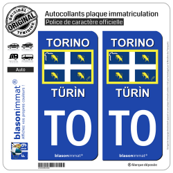 2 Autocollants plaque immatriculation Auto TO Turin Ville - Drapeau