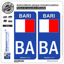 2 Autocollants plaque immatriculation Auto BA Bari Ville - Drapeau