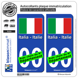 2 Autocollants plaque immatriculation Auto : Italie - Drapeau