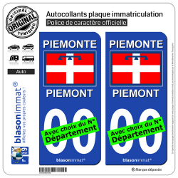 2 Autocollants plaque immatriculation Auto : Piémont Région - Drapeau