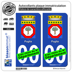 2 Autocollants plaque immatriculation Auto : Pouilles Région - Armoiries