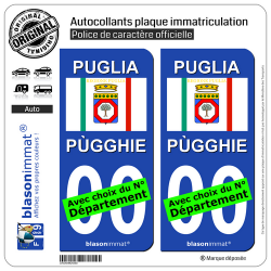 2 Autocollants plaque immatriculation Auto : Pouilles Région - Drapeau