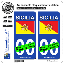 2 Autocollants plaque immatriculation Auto : Sicile Région - Drapeau