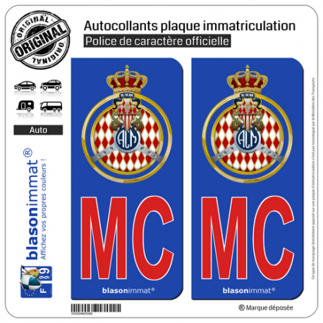 2 Autocollants plaque immatriculation Auto MC Rouge Automobile Club de Monaco - Blason