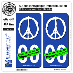 2 Autocollants plaque immatriculation Auto : Peace For Paris - White