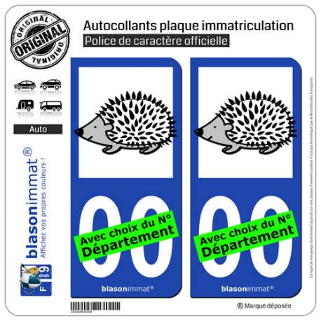 2 Autocollants plaque immatriculation Auto : Hérisson