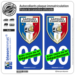 2 Autocollants plaque immatriculation Auto : Sapeurs-Pompiers - Blason