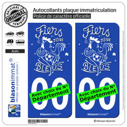 2 Autocollants plaque immatriculation Auto : Fiers d’être bleus - Blanc