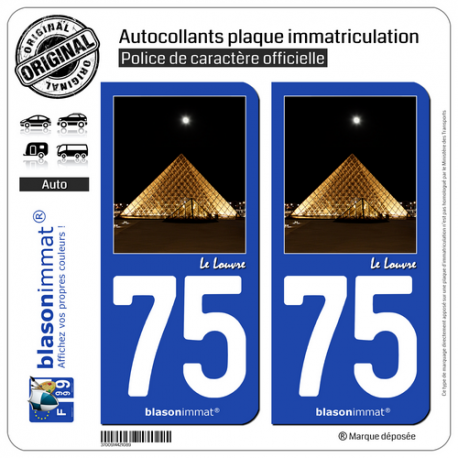 2 Autocollants plaque immatriculation Auto 75 Le Louvre - Paris