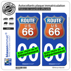 2 Autocollants plaque immatriculation Auto : US Route 66 - Couleurs