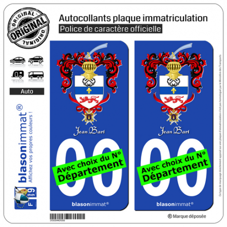 2 Autocollants plaque immatriculation Auto : Jean Bart - Armoiries