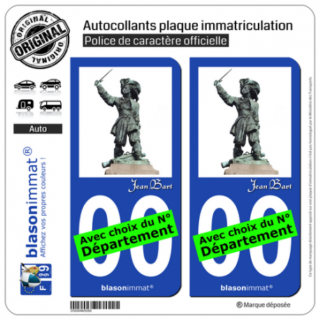 2 Autocollants plaque immatriculation Auto : Jean Bart - Statue