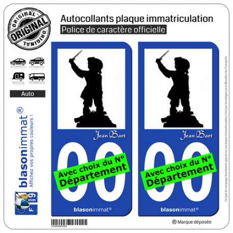 2 Autocollants plaque immatriculation Auto : Jean Bart - Silouhette