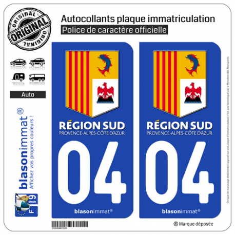 2 Autocollants plaque immatriculation Auto 04 PACA - Région Sud