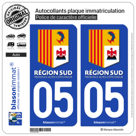 2 Autocollants plaque immatriculation Auto 05 PACA - Région Sud