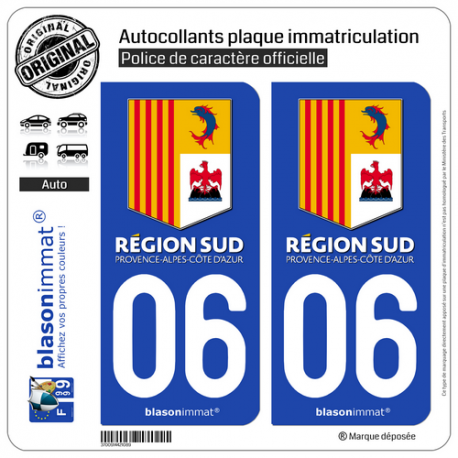 2 Autocollants plaque immatriculation Auto 06 PACA - Région Sud