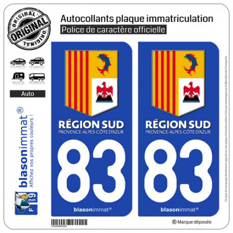 2 Autocollants plaque immatriculation Auto 83 PACA - Région Sud