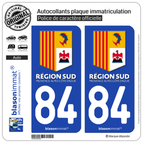 2 Autocollants plaque immatriculation Auto 84 PACA - Région Sud