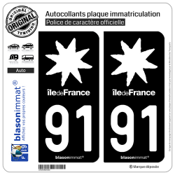 2 Autocollants plaque immatriculation Auto 91 Île de France - LogoType Black