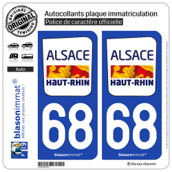 2 Autocollants plaque immatriculation Auto 68 Haut-Rhin - Département
