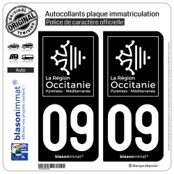 2 Autocollants plaque immatriculation Auto 09 Occitanie - LogoType Black