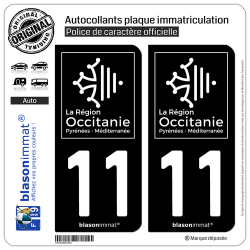 2 Autocollants plaque immatriculation Auto 11 Occitanie - LogoType Black
