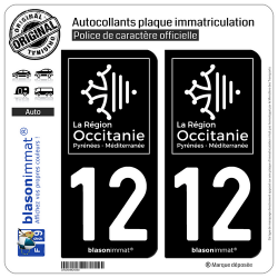 2 Autocollants plaque immatriculation Auto 12 Occitanie - LogoType Black