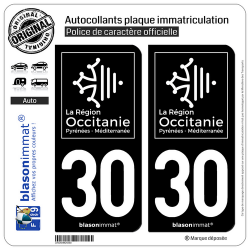 2 Autocollants plaque immatriculation Auto 30 Occitanie - LogoType Black