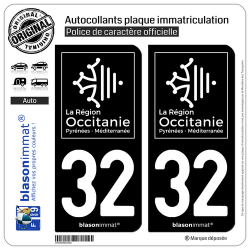 2 Autocollants plaque immatriculation Auto 32 Occitanie - LogoType Black