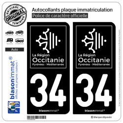 2 Autocollants plaque immatriculation Auto 34 Occitanie - LogoType Black