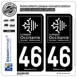 2 Autocollants plaque immatriculation Auto 46 Occitanie - LogoType Black
