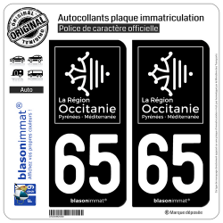2 Autocollants plaque immatriculation Auto 65 Occitanie - LogoType Black