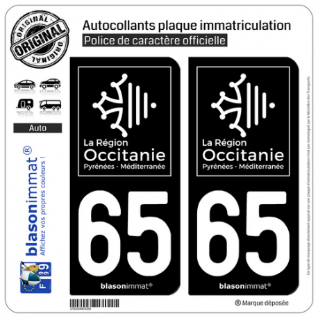 2 Autocollants plaque immatriculation Auto 65 Occitanie - LogoType Black