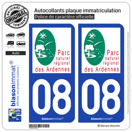 2 Autocollants plaque immatriculation Auto 08 Ardennes - Parc Naturel Régional