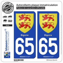 2 Autocollants plaque immatriculation Auto 65 Bigorre - Armoiries