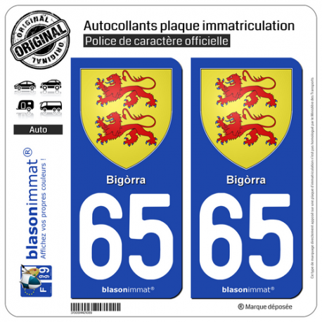 2 Autocollants plaque immatriculation Auto 65 Bigòrra - Armoiries