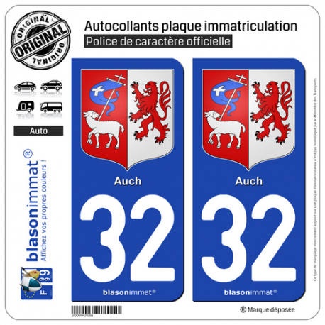 2 Autocollants plaque immatriculation Auto 32 Auch - Armoiries