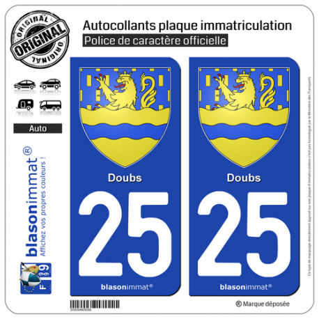 2 Autocollants plaque immatriculation Auto 25 Doubs - Armoiries