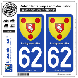 2 Autocollants plaque immatriculation Auto 62 Boulogne-sur-Mer - Armoiries